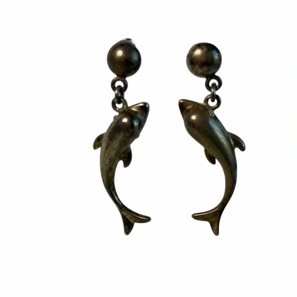 Vintage 925 Sterling Silver Dolphin Dangle Earrings Nautical Ocean beach - Picture 4 of 11